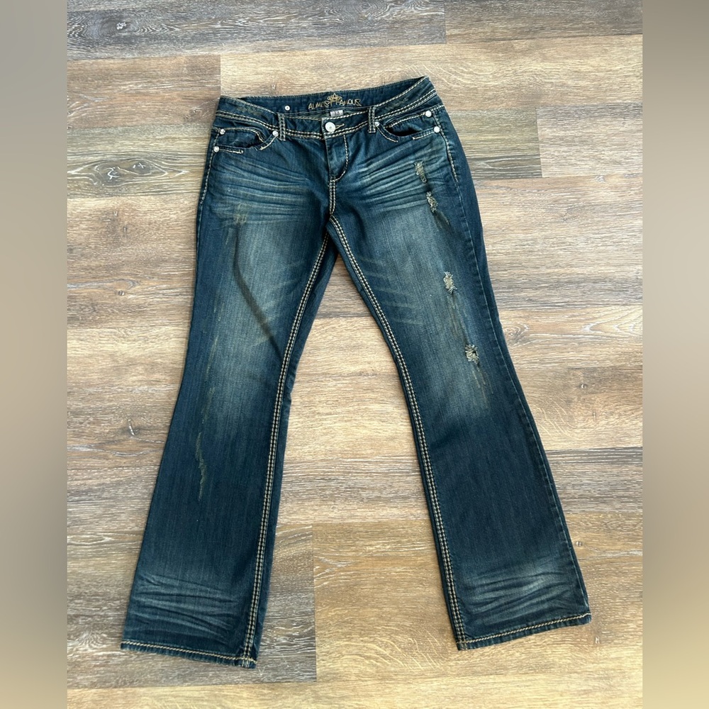 Almost Famous Y2K distressed rhinestone jeans size 13. Waist 34” round length 38